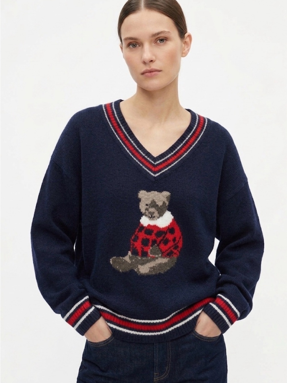cupcakes & cashmere Navy and Red V‑Neck Oversized Teddy Bear Sweater - Picture 1 of 4